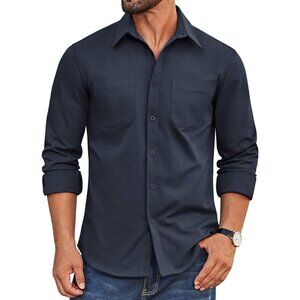 Coofandy Men Navy Blue Button Down Untucked Long Sleeve Woven Shirt with Pockets